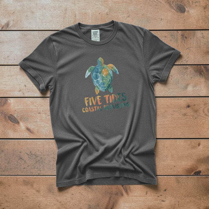 Sea Turtle Coastal graphite garment-dyed tee casually tousled on rustic reclaimed wood