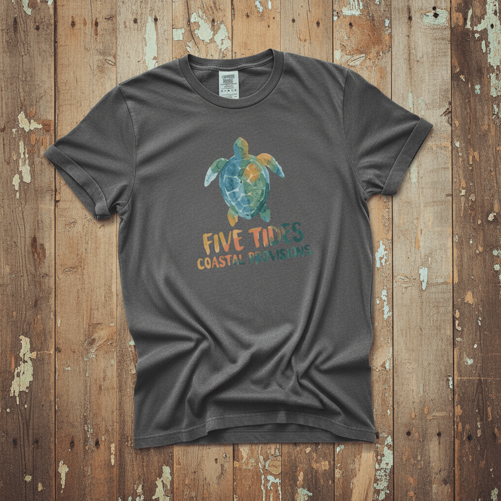 Sea Turtle Coastal graphite garment-dyed tee casually tousled on rustic reclaimed wood