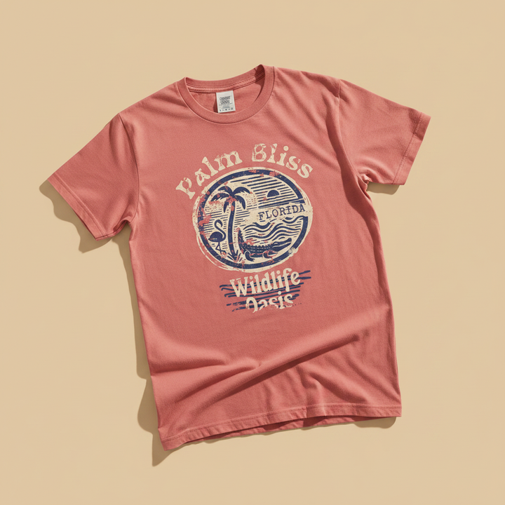 Palm Bliss Wildlife Oasis Tee in Coral Pink — front graphic, warm sand studio background