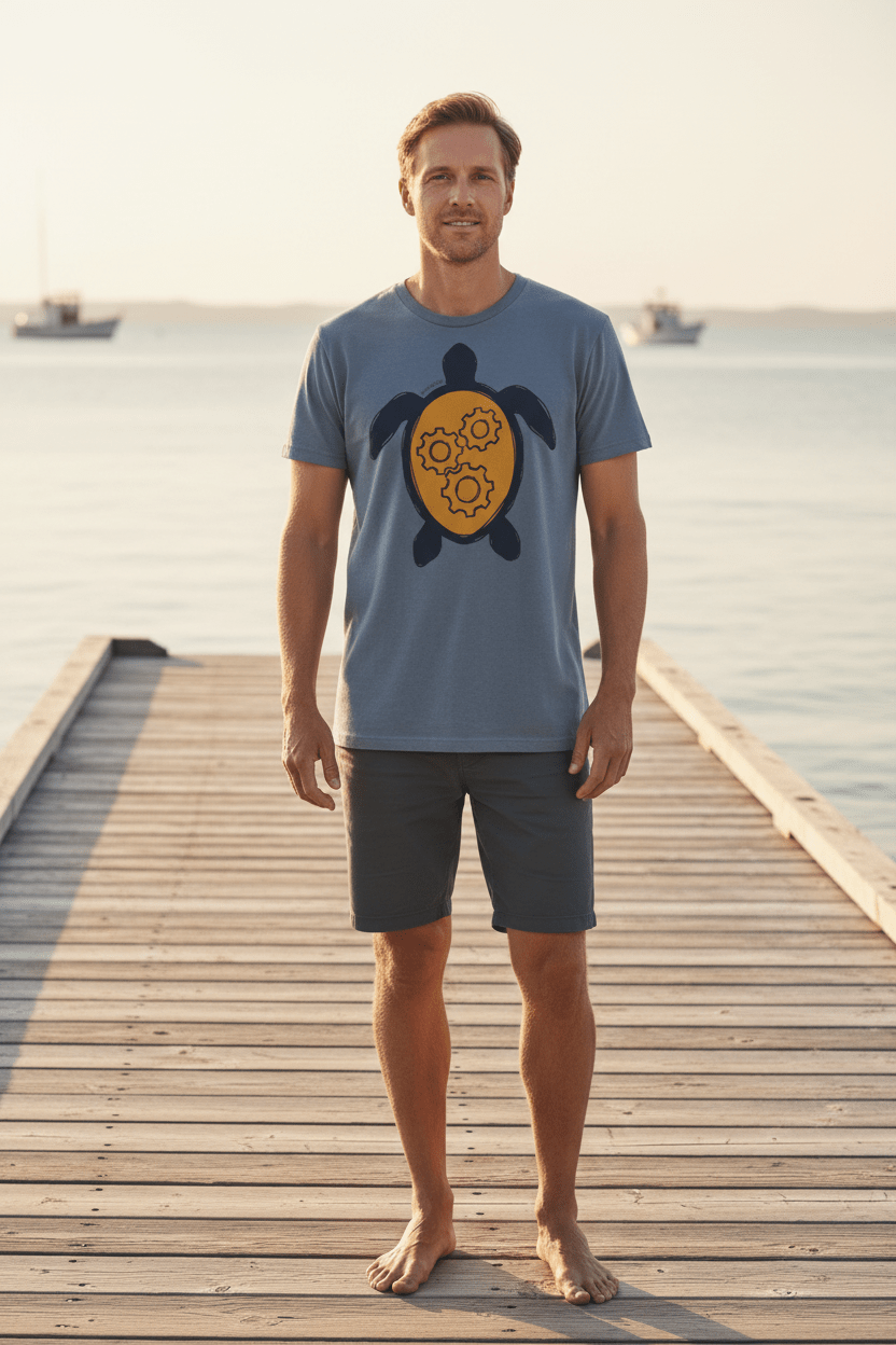 Male model wearing slate blue steampunk sea turtle t-shirt on sun-bleached boat dock