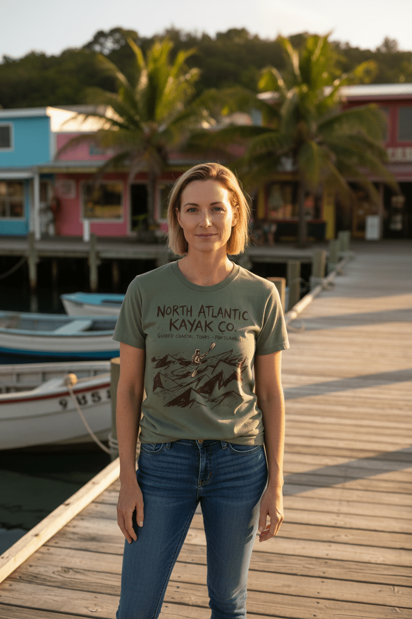 Female model wearing olive North Atlantic Kayak Co. t-shirt on tropical island beach town boat dock