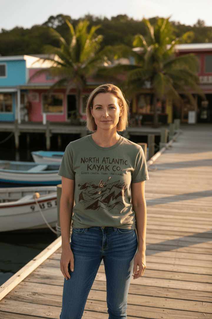 Female model wearing olive North Atlantic Kayak Co. t-shirt on tropical island beach town boat dock