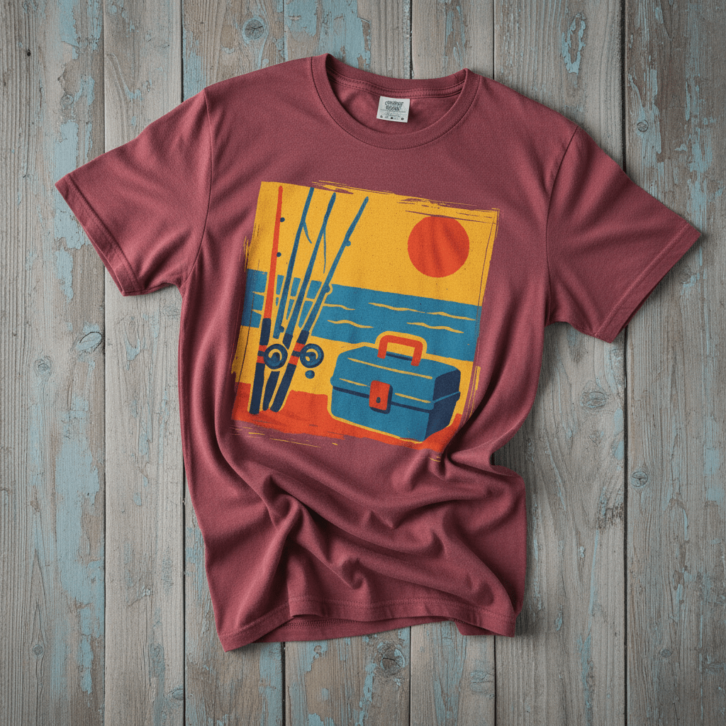 Vintage Tackle Box Sunset chili garment-dyed tee on faded driftwood planks