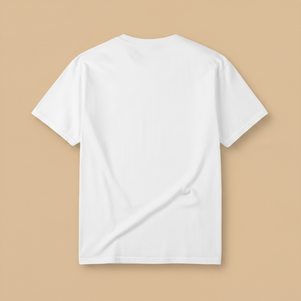 Beach Living Tee in White — plain back, warm sand studio background
