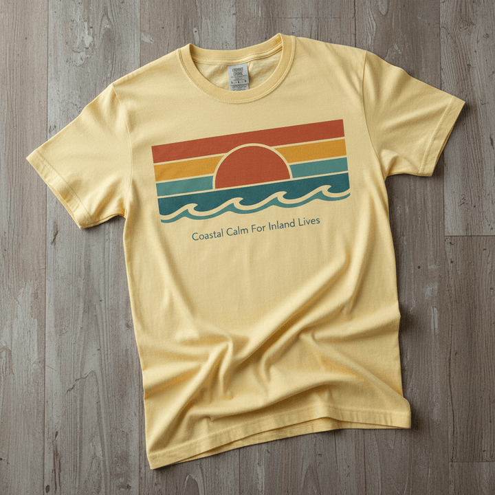 Coastal Calm for Inland Lives banana garment-dyed tee on faded driftwood planks