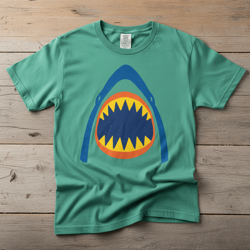 Vintage Surf Shark island green garment-dyed tee on faded driftwood planks