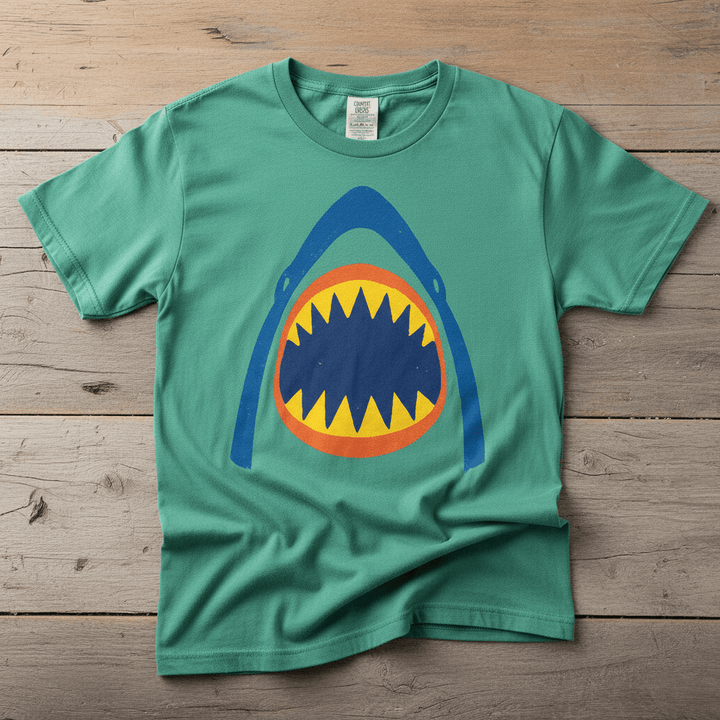 Vintage Surf Shark island green garment-dyed tee on faded driftwood planks
