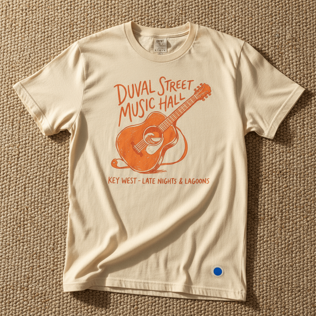Duval Street Music Hall guitar graphic t-shirt in Ivory cream casually tossed on a light sand-colored woven rug, Key West lifestyle product photo
