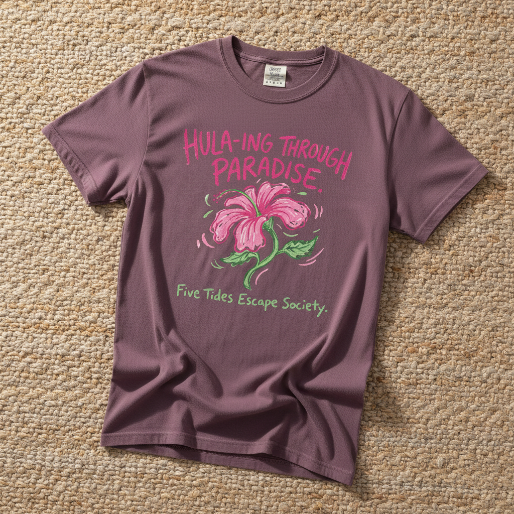 Hula-ing Through Paradise hibiscus floral graphic t-shirt in Berry deep pink casually tossed on a light sand-colored woven rug, tropical lifestyle product photo