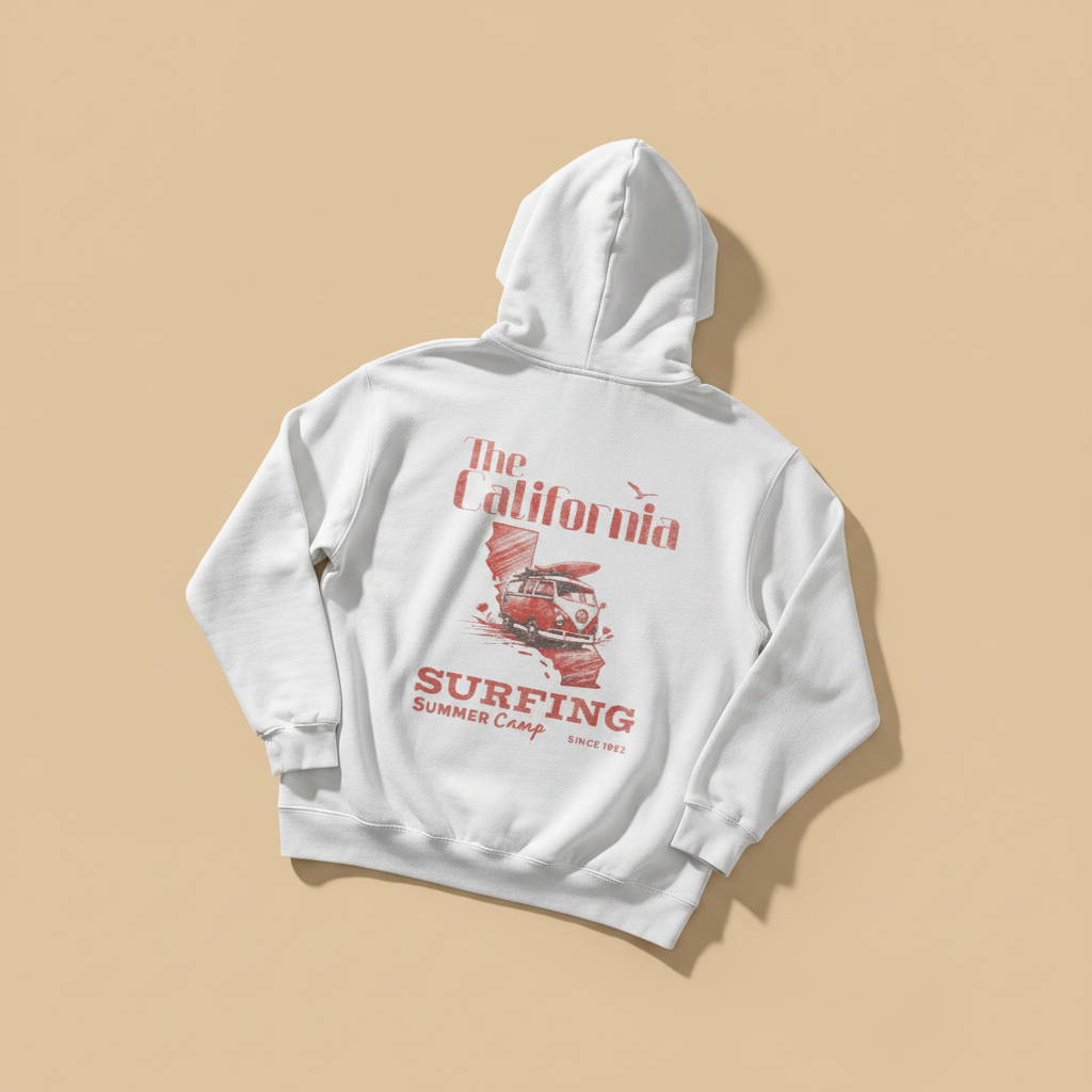 California Surfing Summer Camp Hoodie in White — back graphic, warm sand studio background