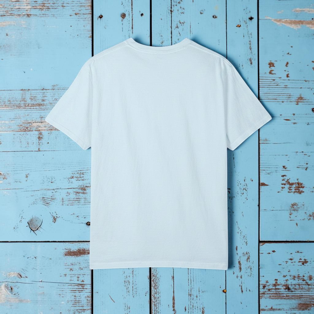 Salt Rooted Vinyl Record Tee in Chambray Blue — plain back, warm sand studio background