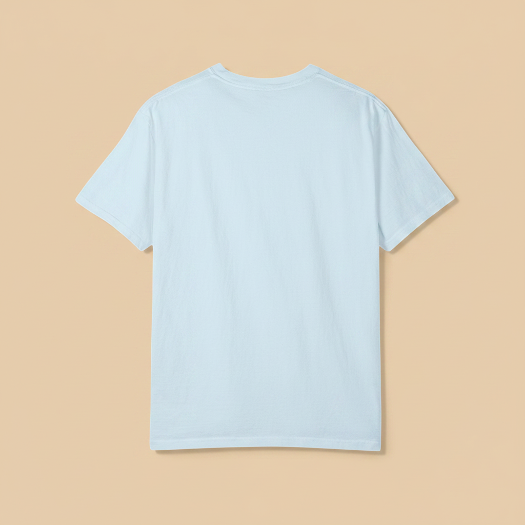 Salt Rooted Vinyl Record Tee in Chambray Blue — plain back, warm sand studio background