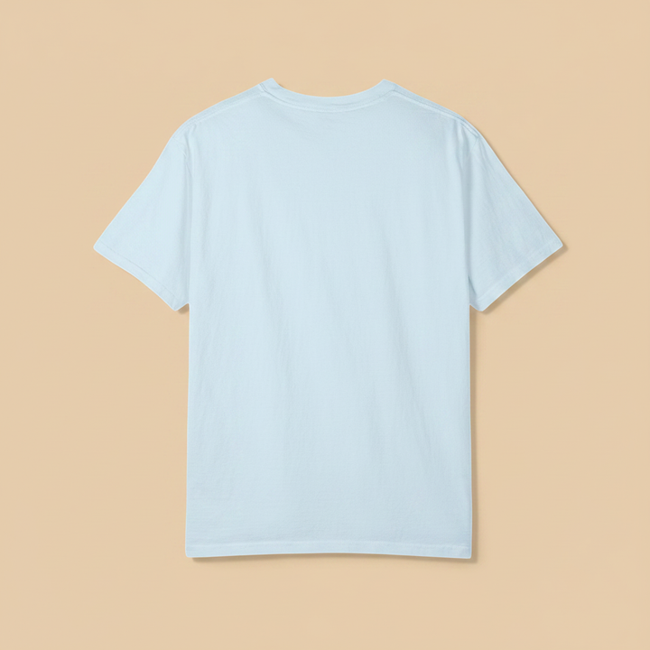 Salt Rooted Vinyl Record Tee in Chambray Blue — plain back, warm sand studio background