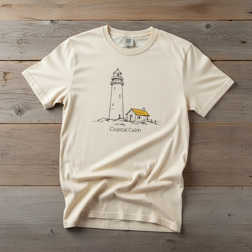 Coastal Calm Lighthouse Watch Hut ivory garment-dyed tee on faded driftwood planks