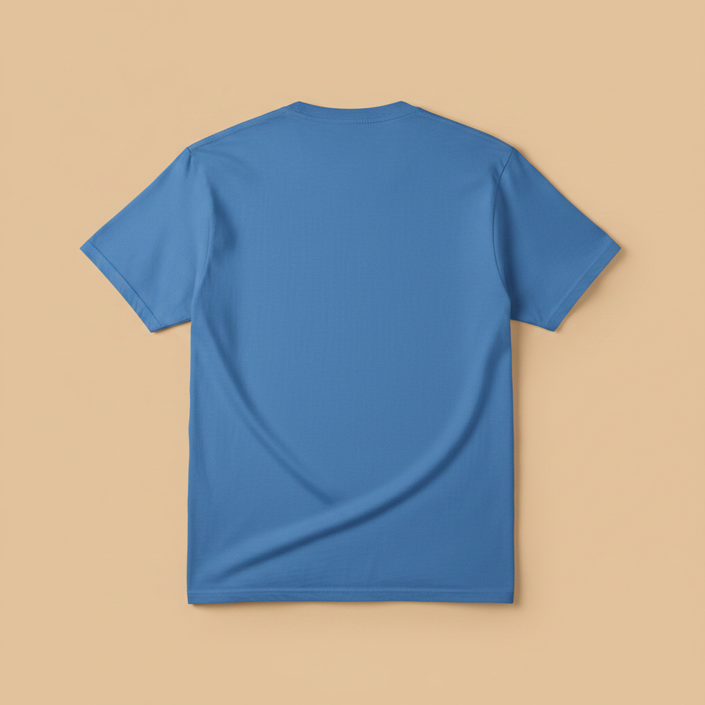 Norfolk Island Tee in Blue — plain back, warm sand studio background