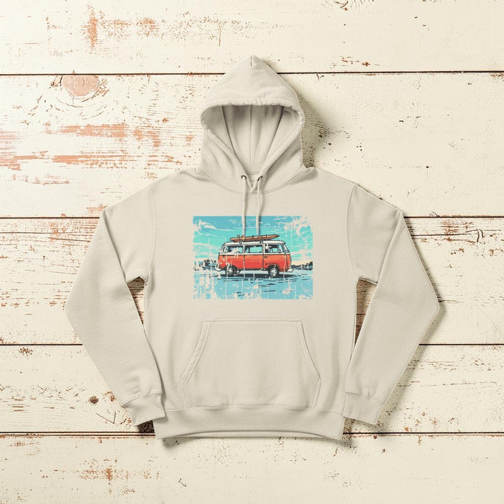 Retro Beach Summer Surf Van Fleece Hoodie sandshell on faded driftwood planks