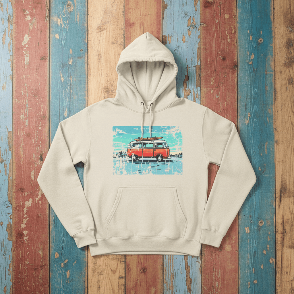 Retro Beach Summer Surf Van Fleece Hoodie sandshell on faded driftwood planks