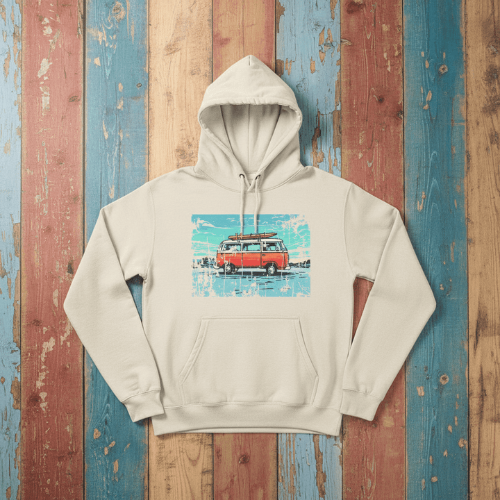 Retro Beach Summer Surf Van Fleece Hoodie sandshell on faded driftwood planks