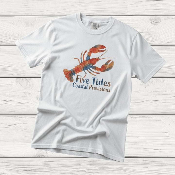 Watercolor Lobster white garment-dyed tee casually tousled on rustic reclaimed wood