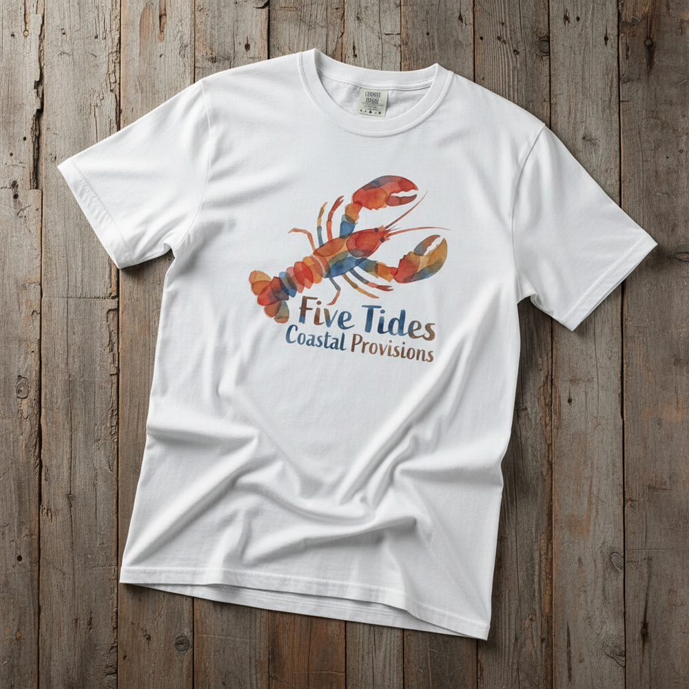 Watercolor Lobster white garment-dyed tee casually tousled on rustic reclaimed wood