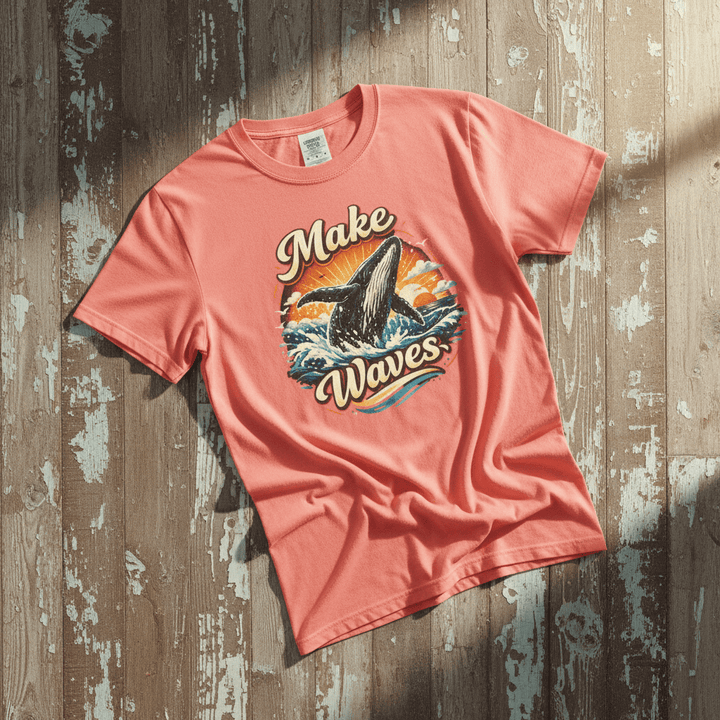 Soak Up the Sun bright salmon garment-dyed tee casually tousled on rustic reclaimed wood