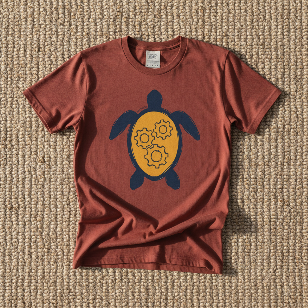 Sea Turtle Gear graphic t-shirt in Brick terracotta casually tossed on a light sand-colored woven rug, coastal lifestyle product photo