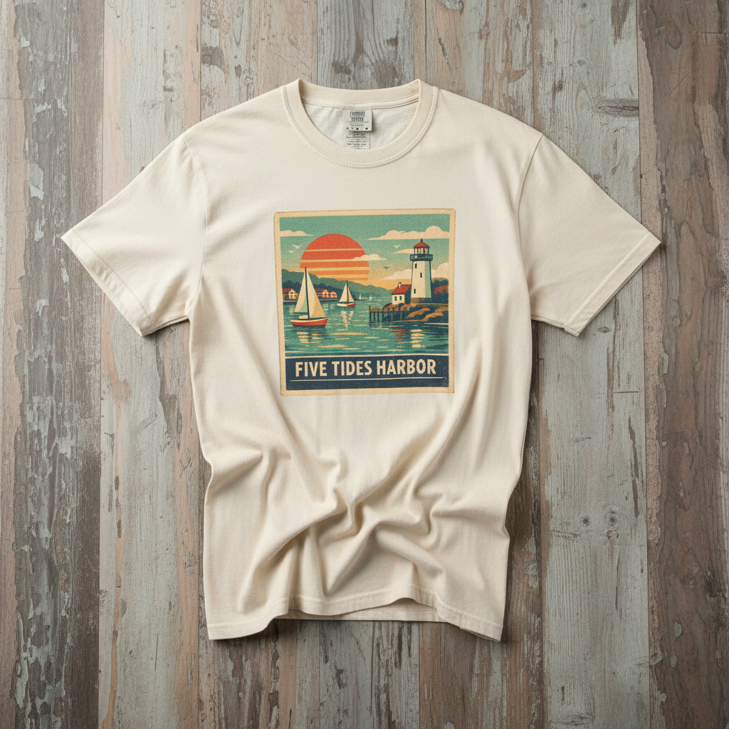 Five Tides Harbor Vintage Sailboat ivory garment-dyed tee on faded driftwood planks