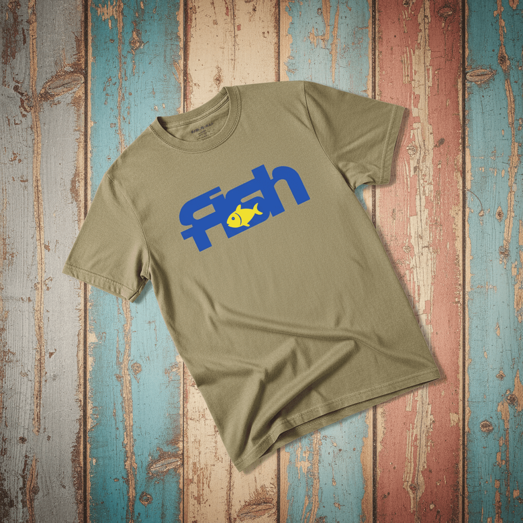 Fish khaki garment-dyed tee tossed on retro-grunge driftwood planks