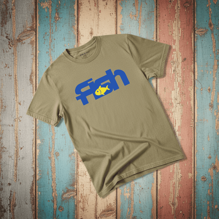 Fish khaki garment-dyed tee tossed on retro-grunge driftwood planks