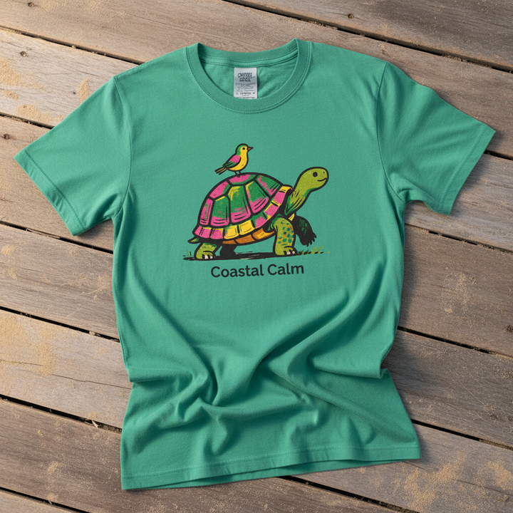 Coastal Calm Turtle Buddies island green garment-dyed tee on faded driftwood planks