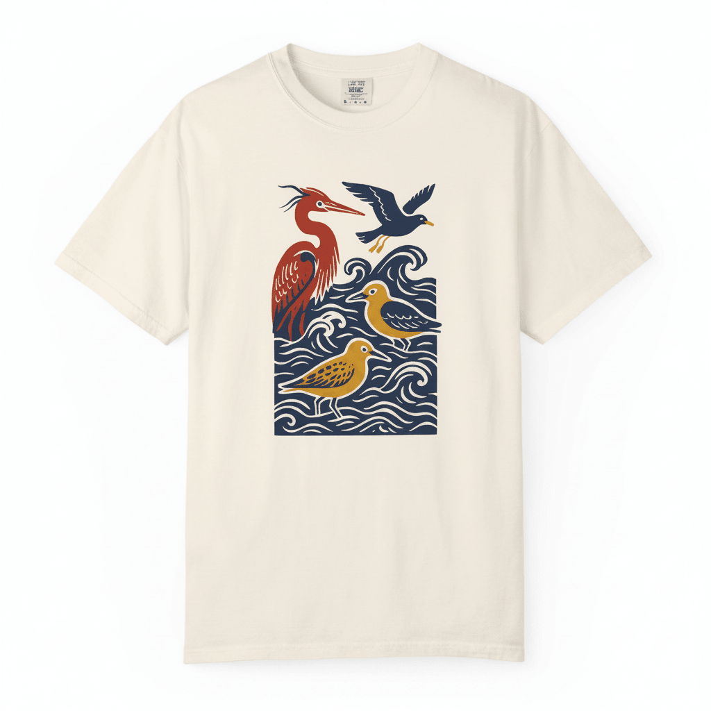 Cream coastal birds tee - white background
