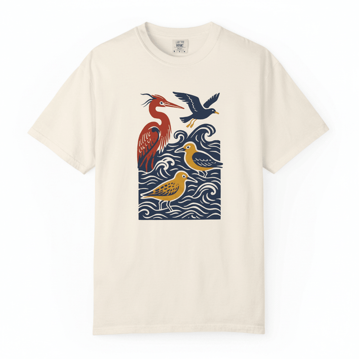 Cream coastal birds tee - white background