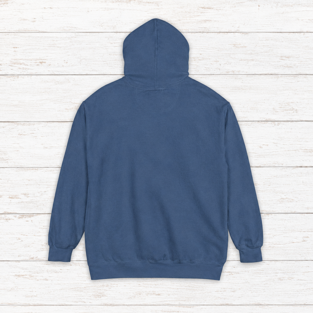 Virginia Oyster Tavern hoodie flat lay on whitewashed boards