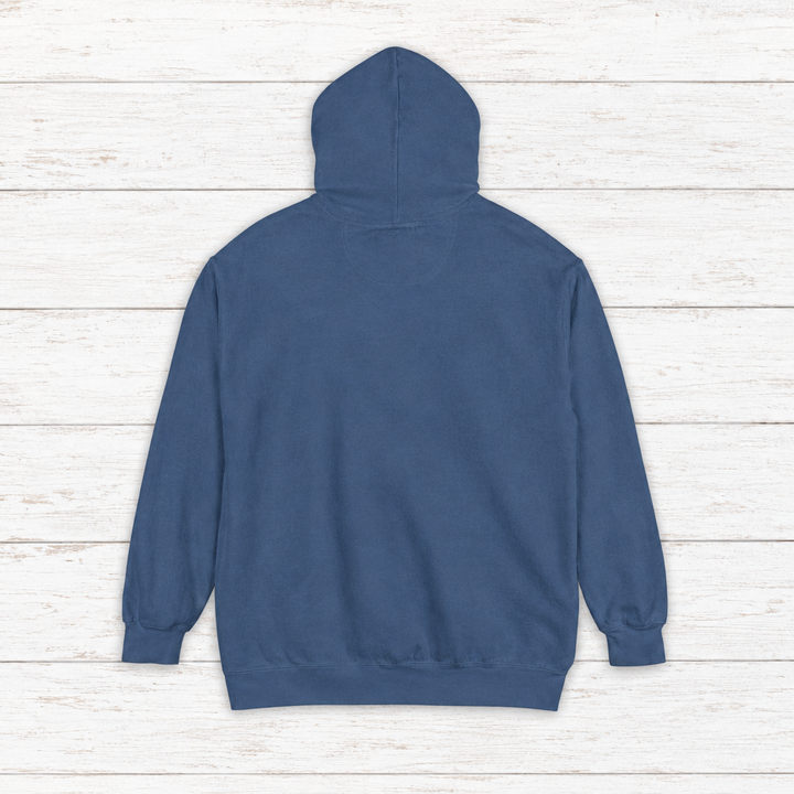 Virginia Oyster Tavern hoodie flat lay on whitewashed boards