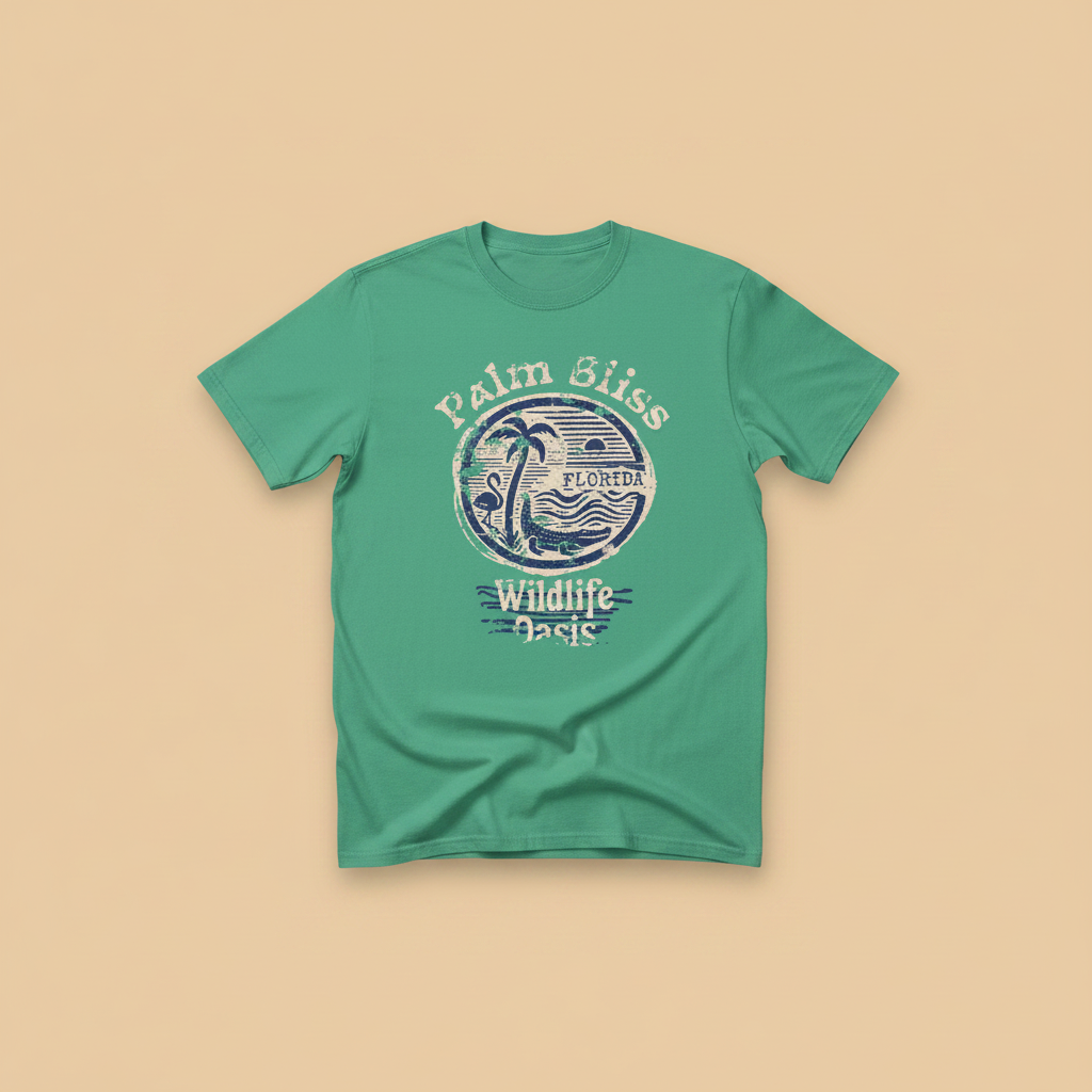 Palm Bliss Wildlife Oasis Tee in Mint Green — front graphic, warm sand studio background