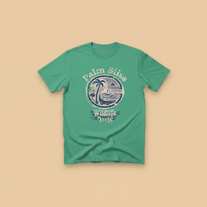 Palm Bliss Wildlife Oasis Tee in Mint Green — front graphic, warm sand studio background