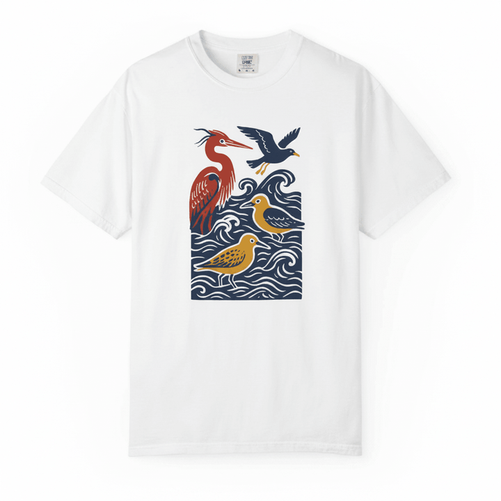 White coastal birds tee - white background