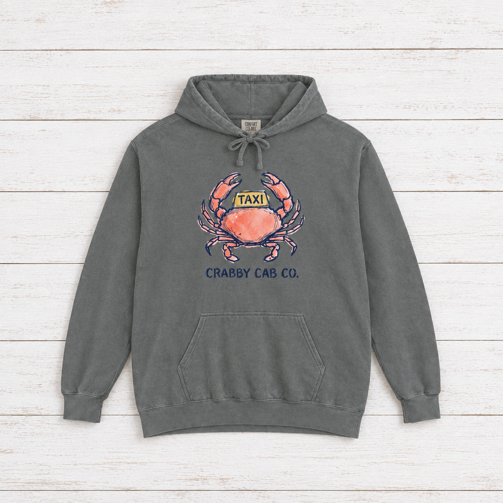 Crabby Cab Co. Grey and Seafoam hoodie flat lay on whitewashed boards