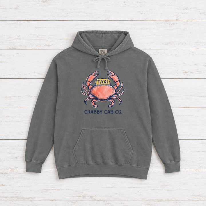 Crabby Cab Co. Grey and Seafoam hoodie flat lay on whitewashed boards