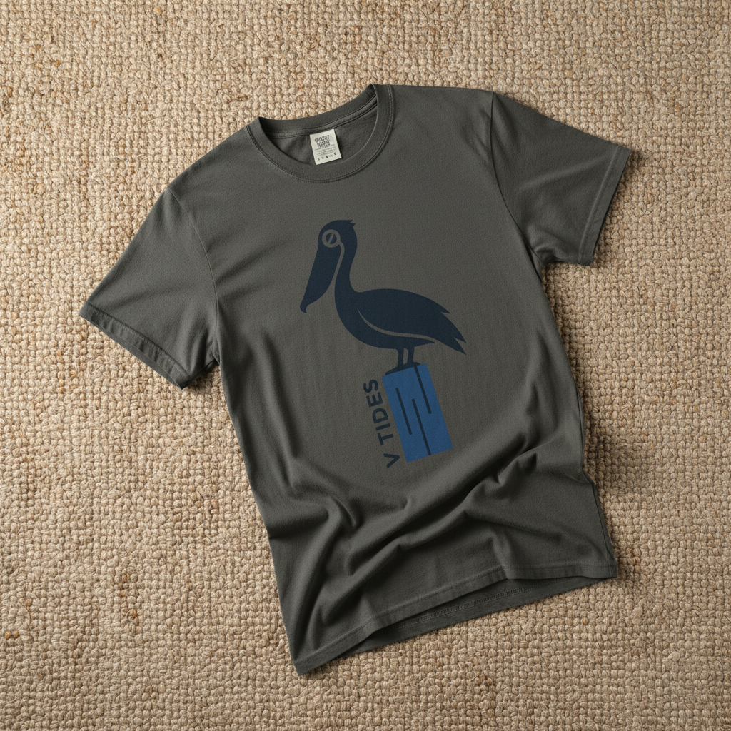 Pelican Dock V Tides coastal graphic t-shirt in Pepper dark charcoal casually tossed on a light sand-colored woven rug, coastal lifestyle product photo