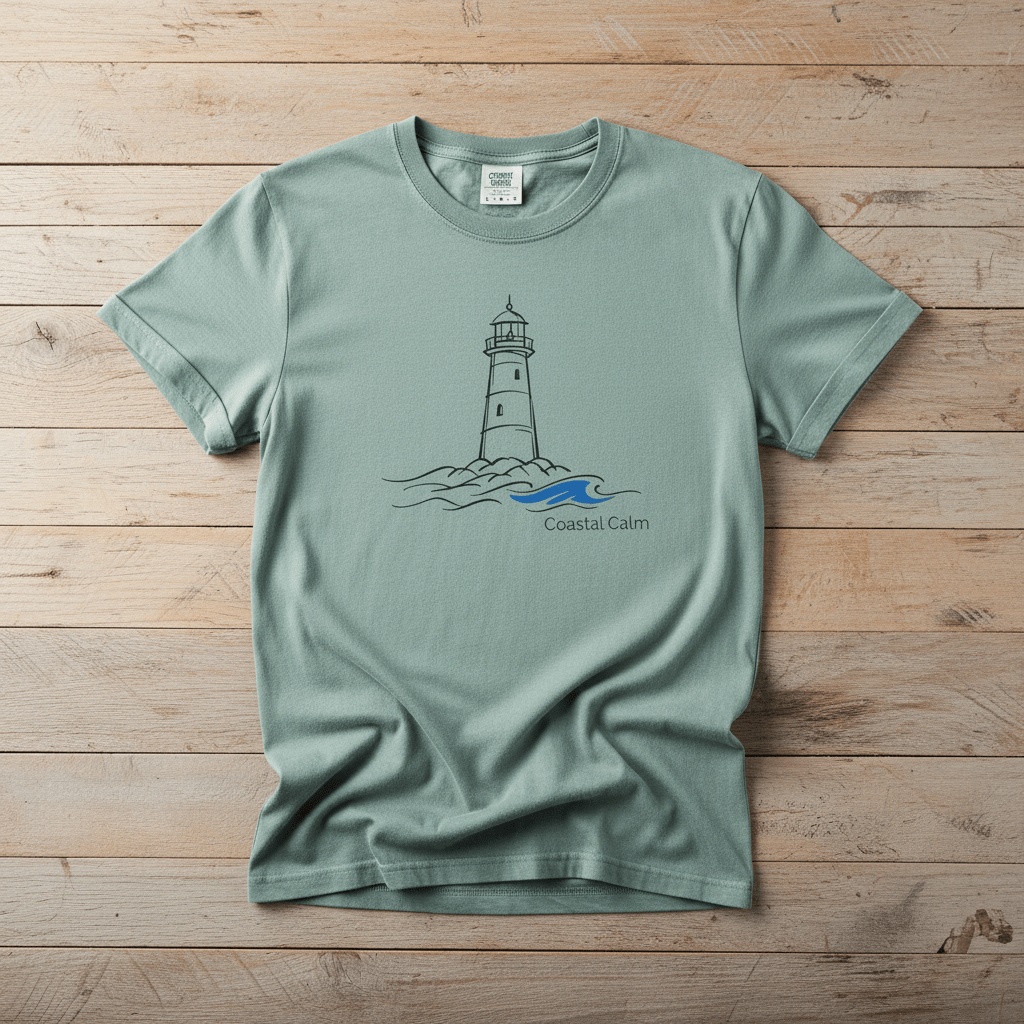 Coastal Calm Lighthouse Blue Sea bay garment-dyed tee on faded driftwood planks