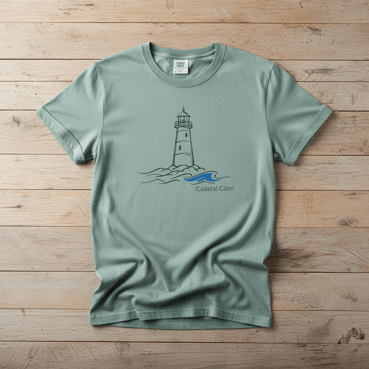 Coastal Calm Lighthouse Blue Sea bay garment-dyed tee on faded driftwood planks