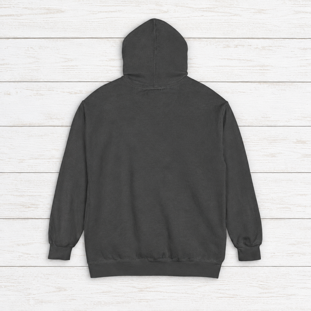 Chesapeake Crab House hoodie flat lay on whitewashed boards
