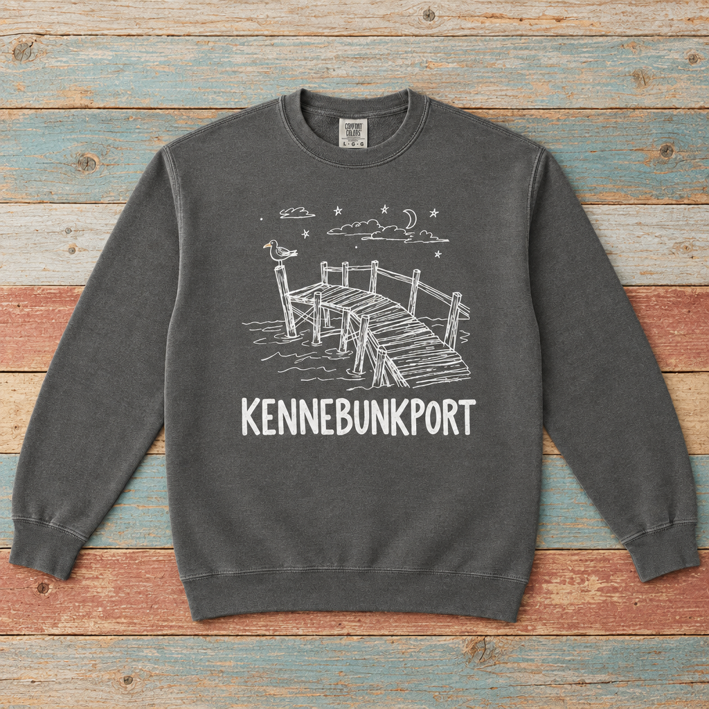 Kennebunkport dock scene sweatshirt front in Pepper with gull and crescent moon on colorful weathered driftwood boards