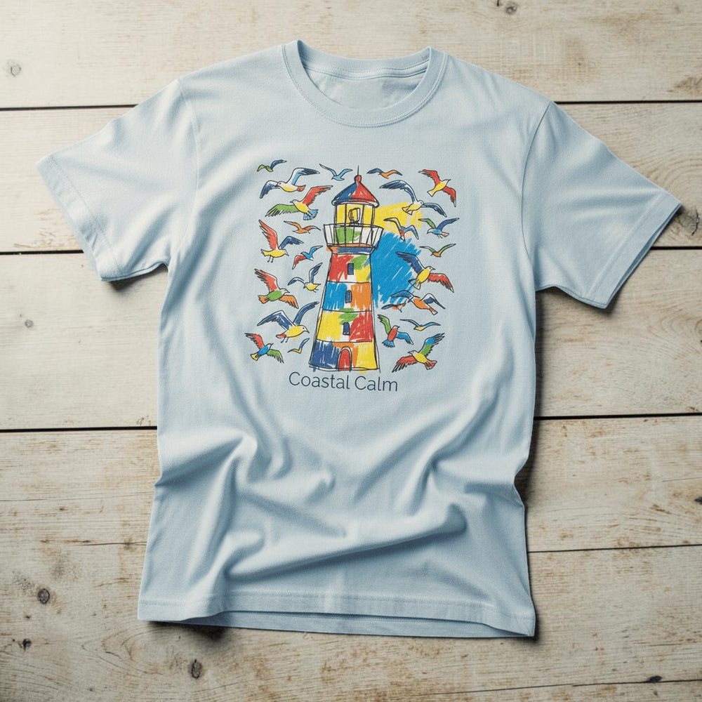 Coastal Calm Summer Lighthouse Seagull chambray garment-dyed tee on faded driftwood planks