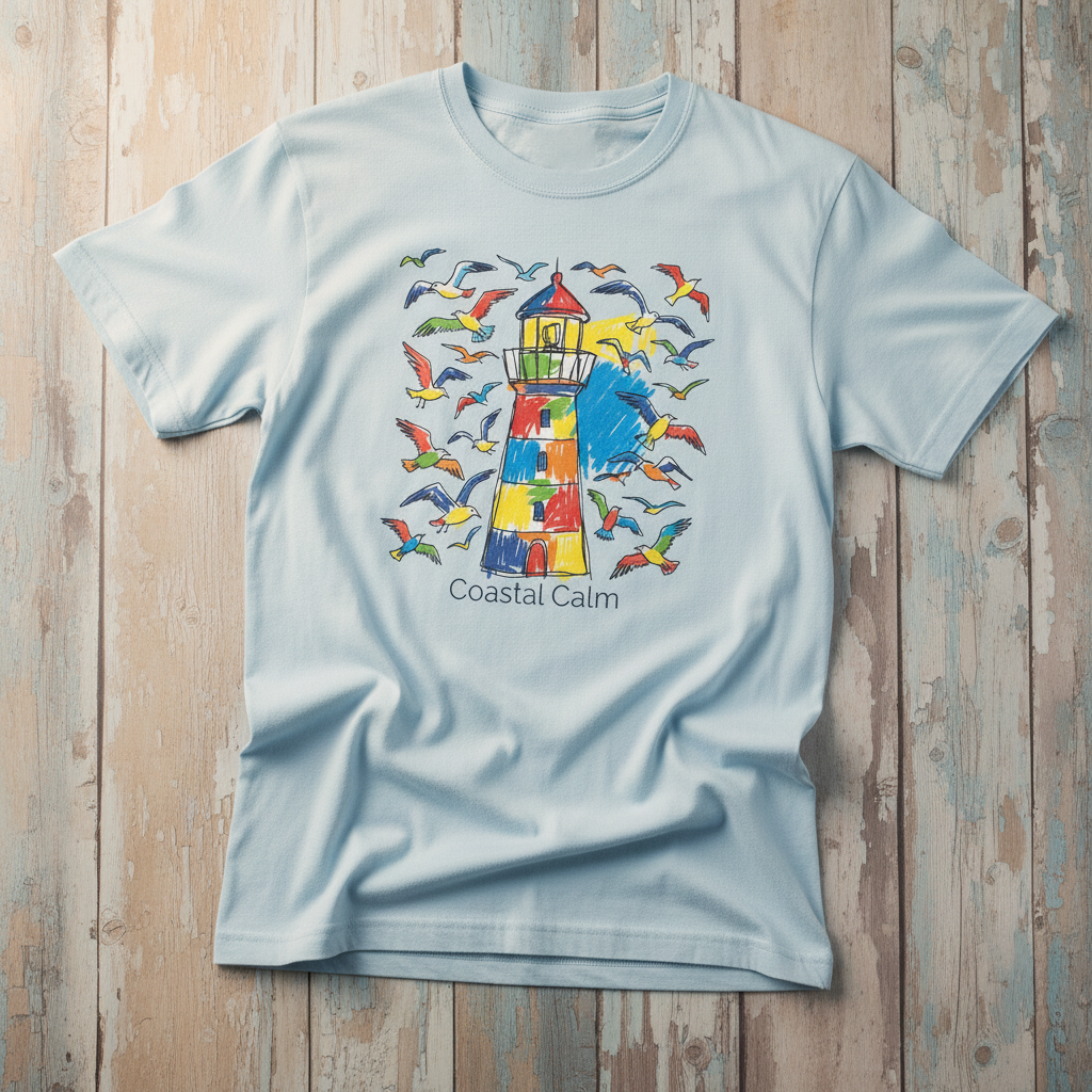 Coastal Calm Summer Lighthouse Seagull chambray garment-dyed tee on faded driftwood planks