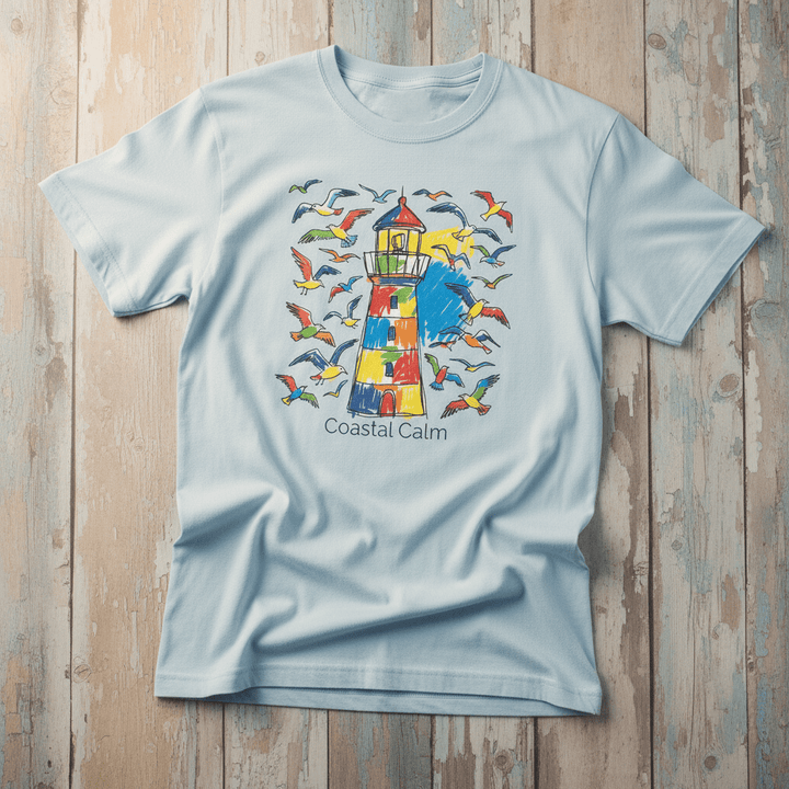 Coastal Calm Summer Lighthouse Seagull chambray garment-dyed tee on faded driftwood planks