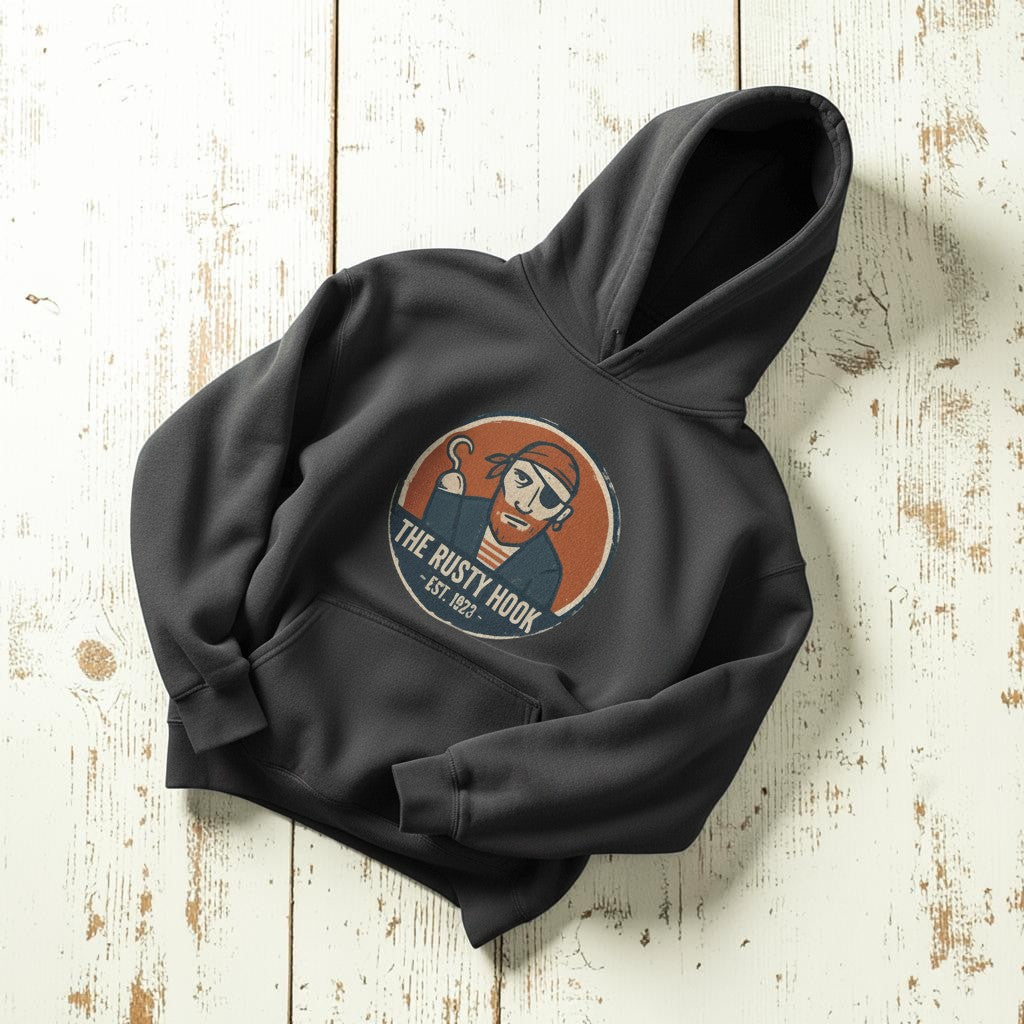 The Rusty Hook Hoodie in Pepper — front pirate badge graphic, warm sand studio background