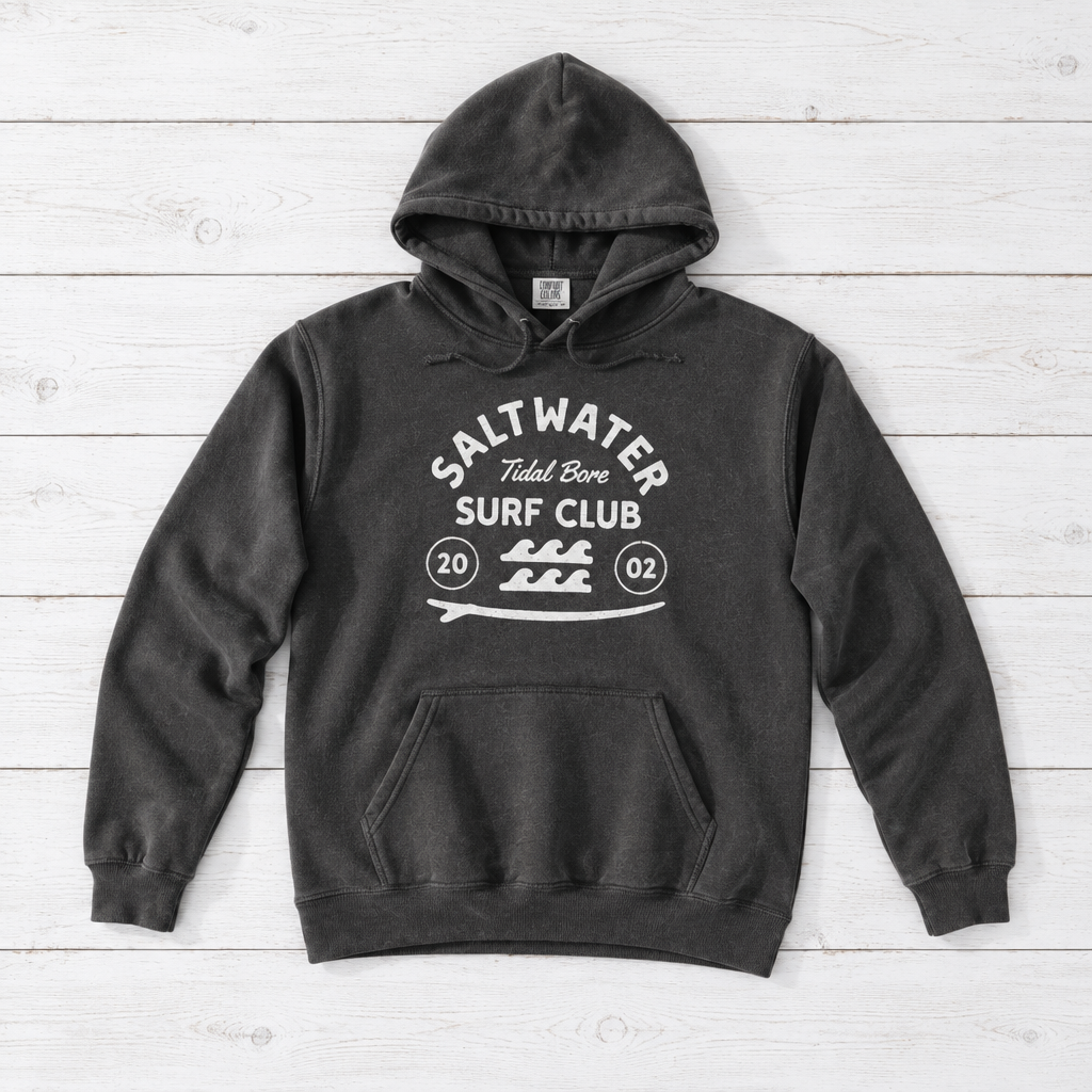 Pepper Saltwater Tidal Bore Surf Club hoodie front on whitewashed boards