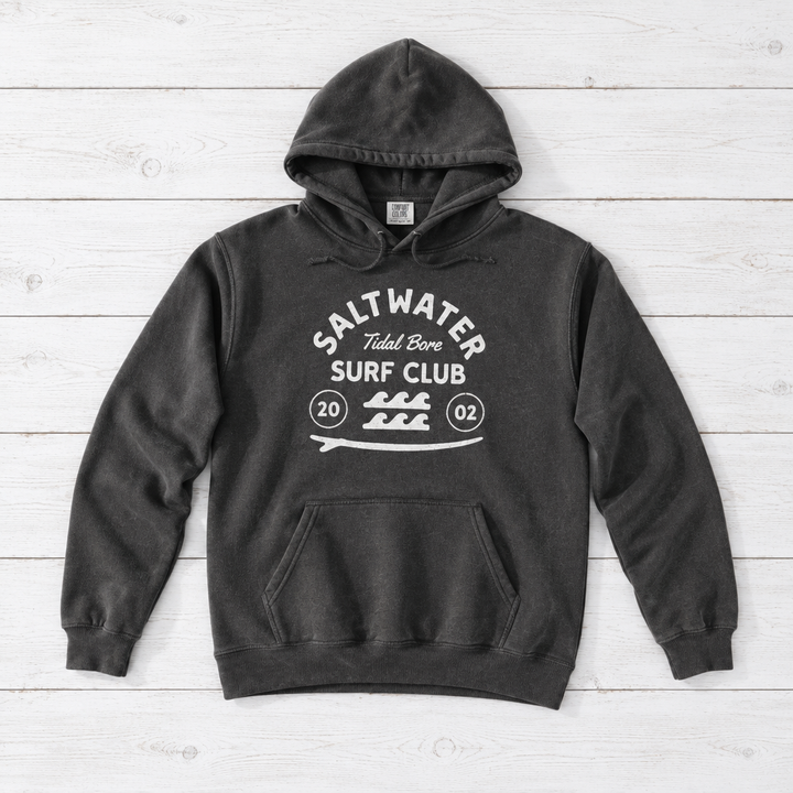 Pepper Saltwater Tidal Bore Surf Club hoodie front on whitewashed boards